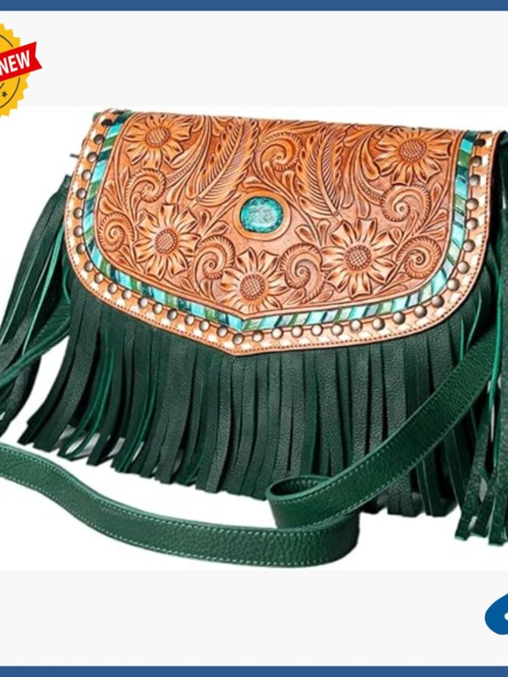 Genuine Leather Crossbody Bag Hand Tooled Western Style Baguette Purse